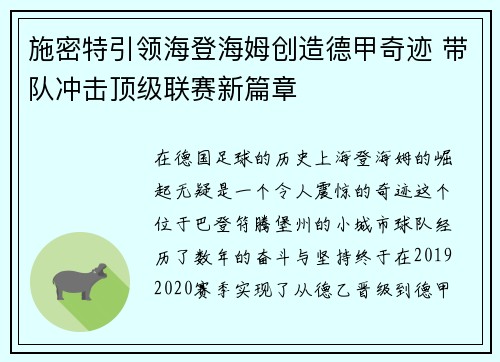 施密特引领海登海姆创造德甲奇迹 带队冲击顶级联赛新篇章