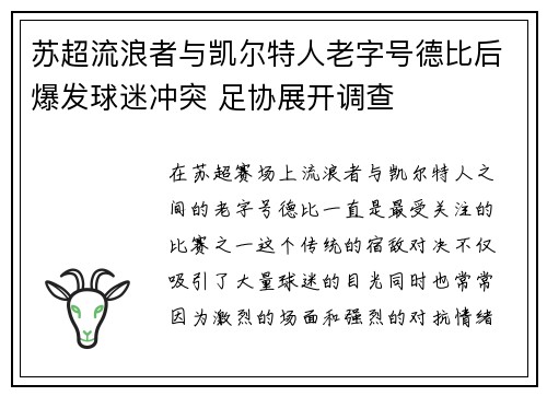 苏超流浪者与凯尔特人老字号德比后爆发球迷冲突 足协展开调查 苏超流浪者与凯尔特人老字号德比后爆发球迷冲突 足协展开调查